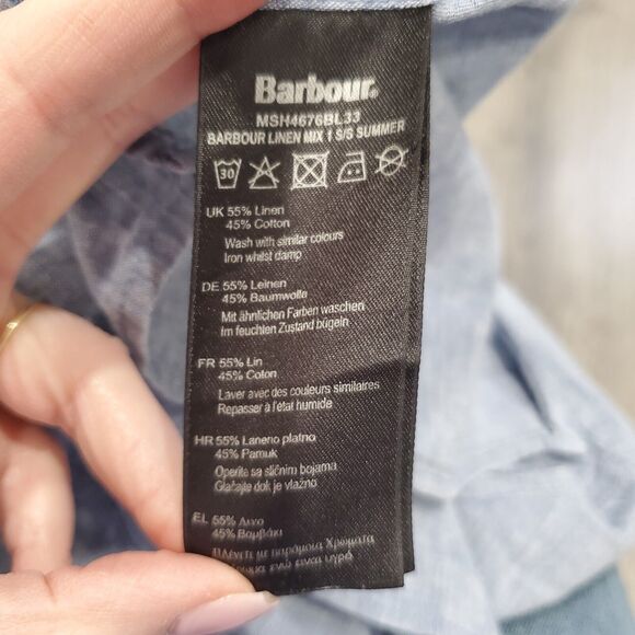 Barbour Linen Button Down Shirt Mens M Blue Short Sleeve Business Casual Coastal - Picture 6 of 8